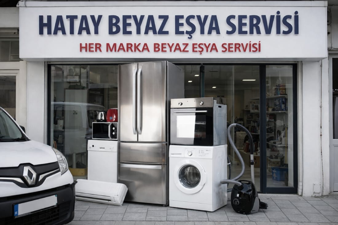 Hatay beyaz eşya servisi mağazası önünde buzdolabı ve çamaşır makinesi tamir hizmeti
